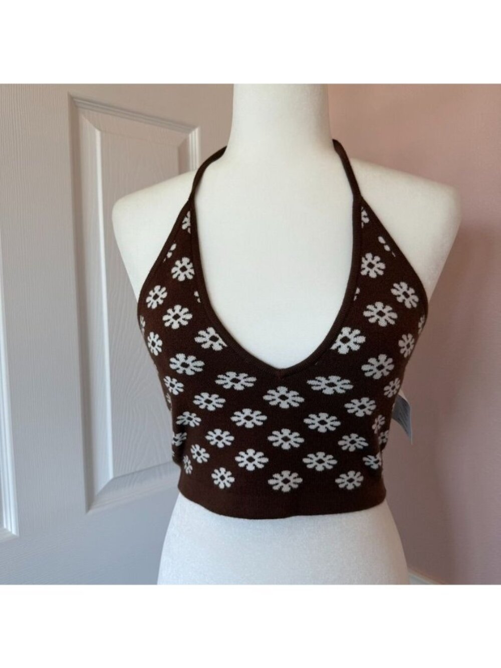 90s Style Brown Daisy Halter Soft Knit Crop Top Size Small NWT